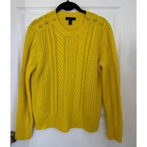 J.Crew Cable-Knit Sweater Women Medium Yellow 100% Wool Shoulder Buttons Classic